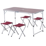Outsunny Mesa Mala de Alumínio com 4 tamboretes dobrável portátil Altura Ajustável para Acampamento 120x60x69cm Marrom e Vermelho