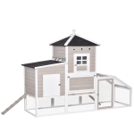 PawHut Galinheiro de Madeira para Exterior Gaiola Grande para Galinhas com Casas de 2 Níveis Zona Aberta Ninho Bandeja Removível e Teto Asfástico 235x83x171cm Cinza