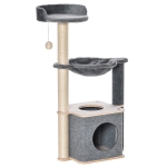 PawHut Árvore Arranhador para Gatos Árvore para Escalar Brincar e Descansar com Rede Plataformas Caverna Bola Suspensa e Poste de Sisal para Aranhar 48x34x95cm Cinza