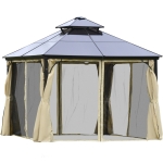Outsunny Pérgola 3x3 m com teto duplo de policarbonato e 4 cortinas 4 redes mosquiteiras com zíper, moldura de alumínio bege e preto