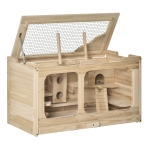PawHut Gaiola de Madeira para Hamster Gaiola para Roedores com 2 Esconderijos Teto Dobrável Bandeja Removível Múltiplas Plataformas Rampa e Baloiço 78x40x44cm Madeira Natural