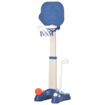 HOMCOM Cesta de Basquetebol 2 em 1 Jogo de Golf para Crianças acima de 2 Anos Aro com Altura Ajustável de 83-120cm Bolas e Taco de Golf 46x41x116-153cm Azul e Branco