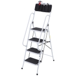 Homcom Escabeau pliable 4 marches XL antidérapantes double garde corps hauteur max. 1,55 m charge max. 150 Kg pochette outils intégrée acier blanc noir