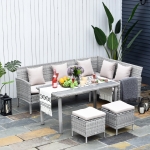 Salon de jardin 6 pers. canapé d'angle + 2 poufs + table à manger résine tressée gris