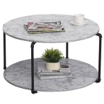 Table basse ronde avec étagère imitation marbre blanc métal noir(c-3)