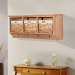 HOMCOM Wooden Wall Mounted Shelf with 4 Hooks 2 Wicker Baskets White(c-5)