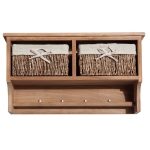 HOMCOM Wooden Wall Mounted Shelf with 4 Hooks 2 Wicker Baskets White(c-3)