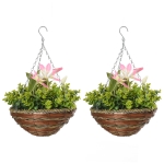 Outsunny Pack of 2 Artificial Clematis Flowers Hanging Planter Basket for Indoor Outdoor Decoration
