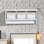HOMCOM Wooden Wall Mounted Shelf with 4 Hooks 2 Wicker Baskets White(c-4)