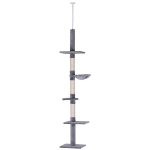 PawHut 40L x 34W x 230-260H cm Cats Floor to Ceiling Scratching Post w/ 5-Tier Plush Leisure Platforms Grey
