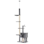 PawHut Árbol Rascador para Gatos Rascador de Gatos Barato Rascador para Fijar al Techo Altura Ajustable 238-270 cm con Hamaca Cueva Rampa Bola de Juego Gris Claro(c-2)