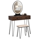 HOMCOM Masa de toaleta cu Oglinda Stil Industrial Lumini tip LED si Taburet Culoare Nuc