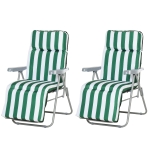Outsunny Set 2 Scaune Șezlong de Grădină, pentru Plajă cu Brațe Reclinabile, alb și verde