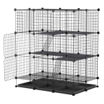 PawHut Valla Metálica para Paqueños Animales Montaje DIY Parque Desmontable con 3 Niveles 4 Puertas Grandes 6 Bandejas Extraíbles 111x75x119 cm Negro(c-1)