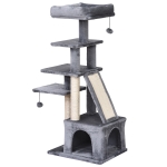 PawHut Katzenbaum mit Hängebett, 5-Stock Kratzbaum, Katzenhaus mit Spielbällen, Katzenhöhle, mit Sisalsäule und Kratzbrett, Plüsch Grau 50 x 40 x 114 cm