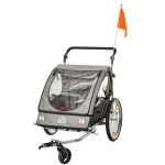 HOMCOM 2 in 1 Kinderanhänger Anhänger 360° Drehbar Fahrradanhänger 2 Kinder Buggy Kinderwagen mit Fünf-Punkt-Sicherheitsgurt Joggerfunktion Metall Oxford Grau+Schwarz 160 x 84 x 106 cm