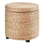 HOMCOM Sitzhocker mit Stauraum, Fußhocker, Fußstützen Hocker, Aufbewahrungsbox, Deckel Abnehmbar, Stroh Rattan , Khaki, Ø43 x 43 cm