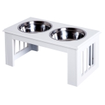 PawHut Erhöhter Hundenapf, Futternapf, Edelstahlnäpfen, Haustier Fressnapf, MDF, Weiß, 58,4 x 30,5 x 25,4 cm