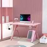 HOMCOM Gaming Desk Racing Style Home Office Ergonomic Computer Table Workstation with RGB LED Lights, Hook, Cup Holder, Controller Rack, Pink
