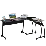 HOMCOM L Shape Computer Desk Corner Display Table Laptop Study Desk Minimalist Space Saving Wood Steel Gaming PC Workstation for Home Office 112.5x152x74cm Black