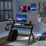HOMCOM Gaming Desk Racing Style Home Office Ergonomic Computer Table Workstation with RGB LED Lights, Hook, Cup Holder, Controller Rack & Cable Management, Black