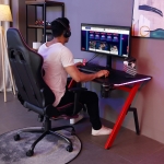 HOMCOM Gaming Desk Computer Desk Writing Table with Large Workstation for Home Office with Cup Holder Cable Management LED Ergonomic-Black, Red