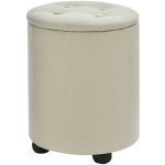 HOMCOM Linen Upholstered Round Storage Ottoman Footstool – White