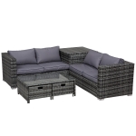 Outsunny 4-Seater Rattan Furniture Sofa Storage Table Set w/ 2 Drawers Corner Table Grey
