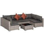 Outsunny 6 Seater Patio PE Rattan Wicker Sofa Set, Outdoor All Weather Conservatory Furniture, w/ Tempered Glass Coffee Table & Cushions, Deep Grey