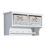HOMCOM Wooden Wall Mounted Shelf with 4 Hooks 2 Wicker Baskets White