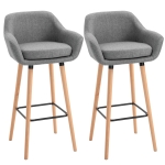HOMCOM Set of 2 Bar Stools Modern Upholstered Seat Bar Chairs w/ Metal Frame, Solid Wood Legs Living Room Dining Room Fabric Furniture-Grey