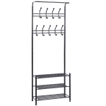 HOMCOM 18 Hook Metal Frame Hallway Coat Hanger w/ 3 Tier Shoe Storage Black
