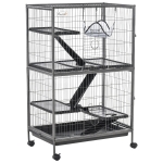 PawHut Jaula Grande para Roedores 80x52x128 cm Casa de 4 Alturas con Rampas Hamaca Colgante Bandeja Extraíble Ruedas Puertas Gris Plateado