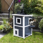 PawHut Caseta para Gatos de Madera Exterior Casa para Gatos de 2 Pisos con Techo Abrible Ventanas y 2 Plataformas para Terraza Balcón Jardín 51x51x81,3 cm Gris