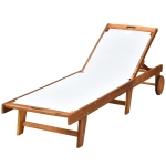Outsunny Lettino Sdraio da Giardino Pieghevole in Legno di Acacia con Ruote e Schienale Regolabile con Materassino Bianco