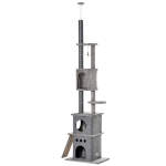 PawHut Tiragraffi a Soffitto Multilivello per Gatti con Corde in Sisal, Piattaforme e Casette, 60x40x225-255cm Grigio