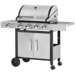 Outsunny Barbecue Gas con Coperchio e 5 Bruciatori Totali da 15.2kW, Termometro, Mensola e 4 Ruote, 128x50x113cm Nero e Acciaio