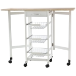 HOMCOM Carrello da Cucina con 3 Cestini, Cassetto e Ribalte, 6 Ruote Girevoli, in MDF e Metallo, 37x37x77.5cm, Bianco e Legno