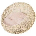 PawHut Letto per Gatti in Rattan con Cuscino in Lino e Cotone Beige Ф56 x 35 cm