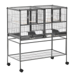 PawHut Doppia Gabbia per Uccelli in Metallo con Vassoi Estraibili, Supporto con 4 Ruote e Ripiano, 95x45.5x102cm, Grigio