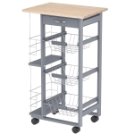 Desserte de cuisine 3 paniers métal tiroir + 2 range-bouteilles bois pin