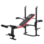 HOMCOM Panca Multifunzione Stazione Fitness con Schienale Regolabile, Leg Curl e Porta Bilanciere, 128x155x112cm, Nero e Rosso