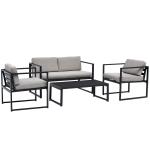 Outsunny Set Mobili da Giardino con Divano 2 Posti, 2 Poltrone e Tavolino in Alluminio con Cuscini, Grigio e Nero
