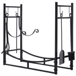 Outsunny Portalegna da Interno ed Esterno in Metallo con Paletta, Scopa, Attizzatoio e Pinza, Nero, 84x33x76cm