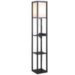 HOMCOM Lampada da Terra Design Elegante con 3 Mensole e 2 Porte USB, Paralume 39cm, Lampadine E27, Nero, 26 x 26 x 160cm