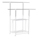 HOMCOM Appendiabiti Estensibile, 2 Ripiani, Altezza Regolabile e Ruote, 88-157x50x95-160cm, Bianco