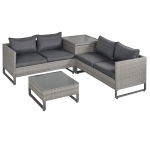 Outsunny Set Mobili da Giardino in Rattan PE con 2 Divani Angolari, Contenitore e Tavolino con Cuscini Grigio