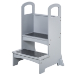 HOMCOM Kids Wooden Step Stool Learning Tower Kitchen Helper w/ Non-Slip Panels Handles Child Toddler Home Help 3 - 8 Yrs Grey
