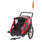 HOMCOM Remolque de Bicicleta para Niños +18 Meses 2 en 1 Cochecito de Paseo de 2 Plazas con Altura Ajustable del Manillar Barra Bandera y Reflectores 160x83x96 cm Rojo
