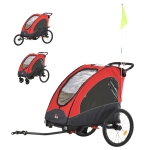 HOMCOM Remolque Infantil 3en1 para Bicicleta Carro de 2 Plazas para Niños de +6 Meses Plegable Ruedas Giratorias y Manillar Ajustable 150x85x107 cm Rojo
